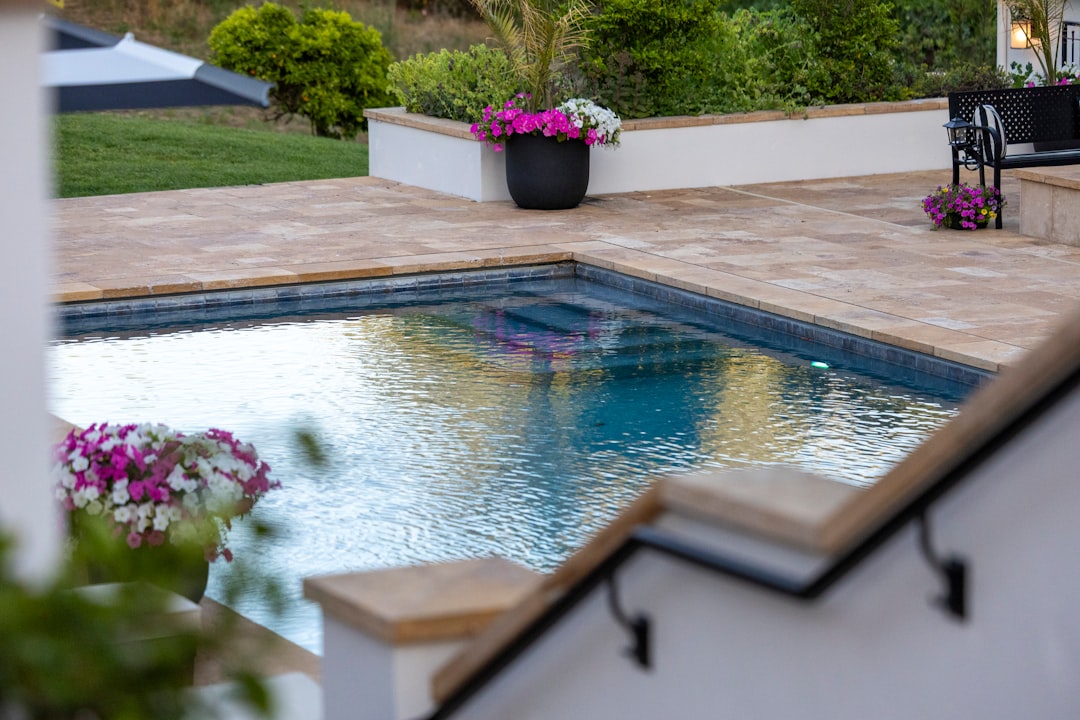 Outdoor swimming pool with patio and vibrant flowers